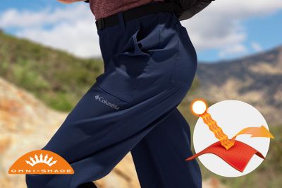 Model walking in a sunny scene and the Omni shade tech badge in bottom left.
