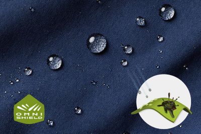 Close up of fabric with the Omni Shield logo in the bottom left and a graphic showing how moisture beads on the fabric's surface.