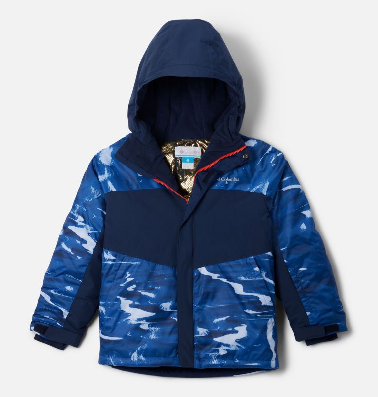 Boy's Mighty Mogul III Waterproof Printed Ski Jacket, Color: Mountain Blue Windblown, Collegiate Navy, image 1