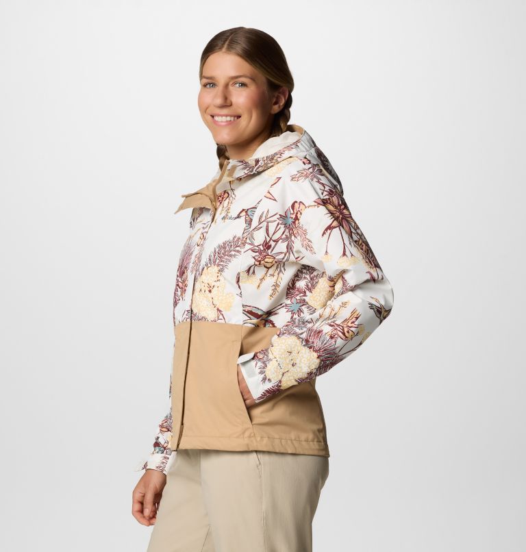 Women's Hikebound Printed Waterproof Jacket, Color: Sea Salt Outbacked, Canoe, image 3