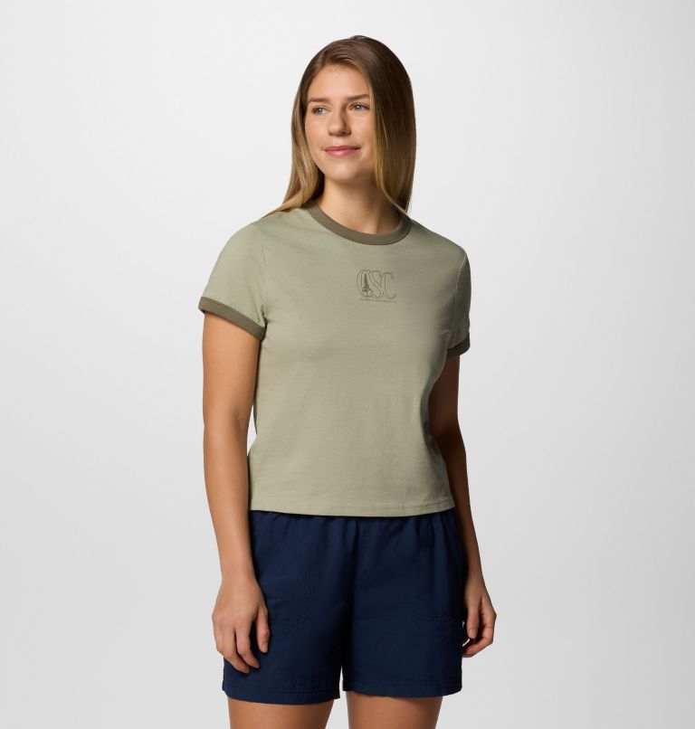Women's Rolling Bend Graphic Ringer T-Shirt, Color: Safari, Treehugger, image 1