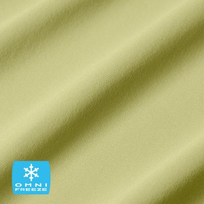 Close up of fabric with the Omni Freeze logo in the bottom left and a graphic showing how the tech works.
