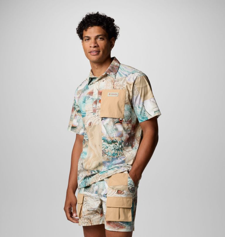 Unisex Cove Beach Printed Woven Short Sleeve Shirt, Color: Cool Green Coastal, Canoe, image 5